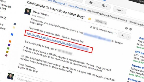 E-mail de confirmação do Boletim Motos Blog